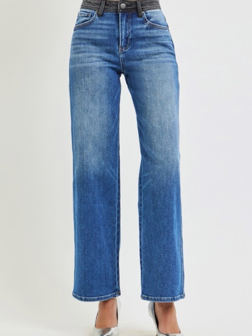 034. RISEN, High Rise Grey Contrast Waistband Wide Leg Jeans, various sizes